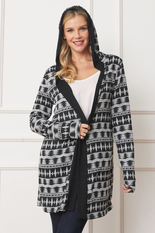 Plus Long Tribal Print Hooded Cardigan