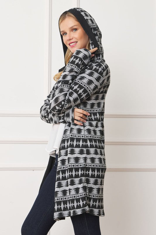 Plus Long Tribal Print Hooded Cardigan