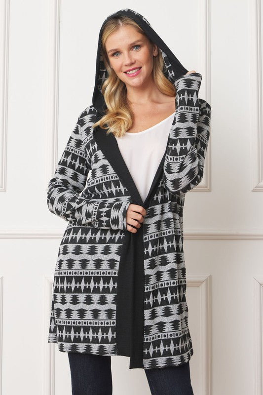 Plus Long Tribal Print Hooded Cardigan